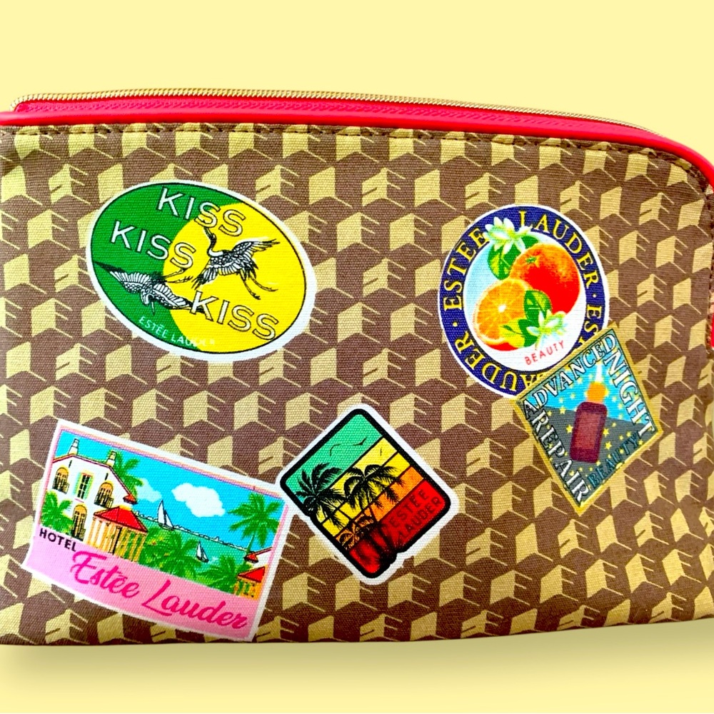 Estee Lauder Brown Cosmetic Zippered Pouch with Retro Patches